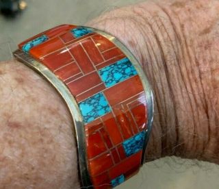 Vtg Navajo Coral and Turq.  Channel Inlay Cuff Bracelet.  Harrison Jim.  Gorgeous 9