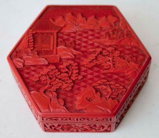 Vintage Chinese Carved Cinnabar Red Lacquer Sextagonal Storage Trinket Box