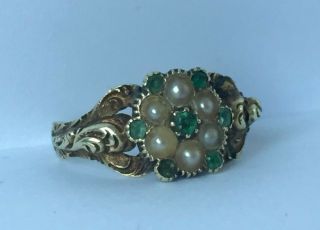 Early Victorian Emerald & Seed Pearl Mourning Ring 15k Gold Uk Size K 1/2