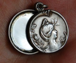 Antique French Silver Silder Mirror Charm Pendant Lady With Flowers Art Nouveau