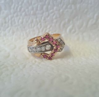 Vintage Retro Diamond And Ruby Buckle Ring 14k Rose Gold/palladium Size 8.  5