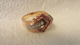 Vintage Retro Diamond and Ruby Buckle Ring 14k Rose Gold/Palladium Size 8.  5 2