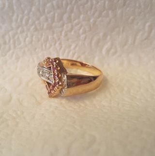 Vintage Retro Diamond and Ruby Buckle Ring 14k Rose Gold/Palladium Size 8.  5 3