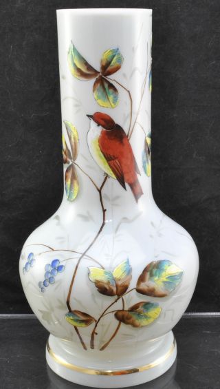 Antique Hand Blown And Painted Enameled Opaline Bird Vase 19th Century