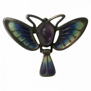 Fine Art Nouveau Enamel Amethyst Silver Dragonfly Brooch Pin Estate Jewelry