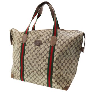 Gucci Gg Plus Web Stripe Travel Hand Bag Brown Pvc Leather Vintage Auth Bb210 M