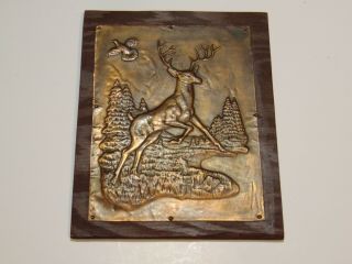 Deer Stag Woods Hunting Art Pheasant Antique Pressed Copper Wall Plaque Sh