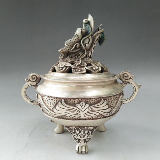 Ancient Chinese Tibetan silver hand - carved dragon pattern Incense burner 6