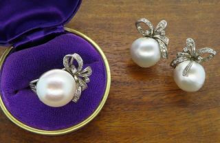 Vintage Palladium Art Deco Antique Mabe Pearl Diamond Filigree Ring & Earrings