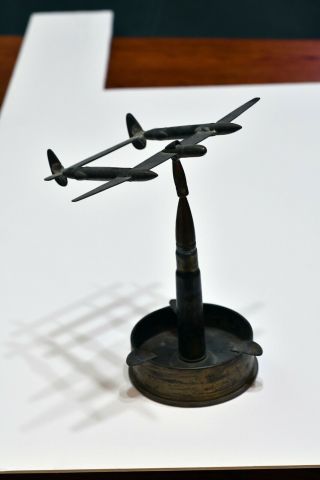 Wwii Era Trench Art Piece Of A P - 38 Lightning,  50 Cal.  Stand,  75mm Ashtray