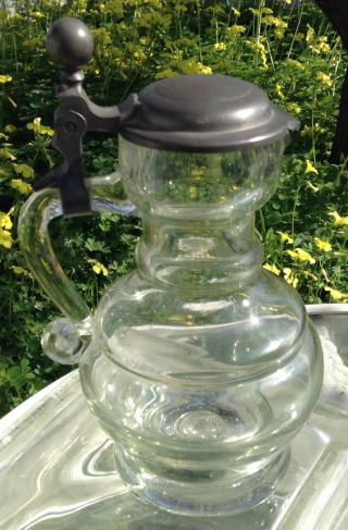 Antique Blown Heavy Glass Syrup Pitcher Pewter Lid & Pouring Spout