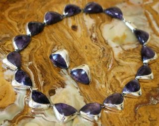 Vtg Mexico Silver Amethyst Deco - Modern Necklace & Earrings 78 Grams 16 In Taxco