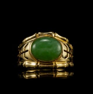 Chinese Vintage Designer 3.  50ctw Natural Jadeite Jade 14k Gold Bamboo Mens Ring