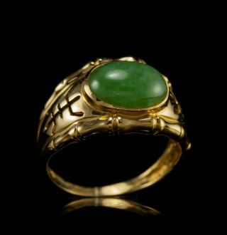 CHINESE VINTAGE DESIGNER 3.  50ctw NATURAL JADEITE JADE 14K GOLD BAMBOO MENS RING 2