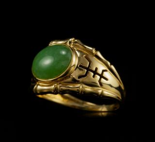 CHINESE VINTAGE DESIGNER 3.  50ctw NATURAL JADEITE JADE 14K GOLD BAMBOO MENS RING 3