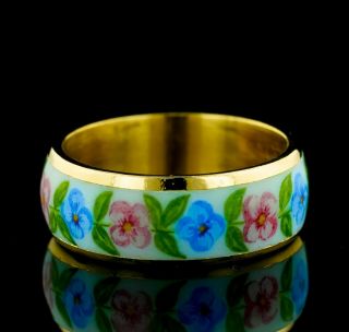 Vintage Estate Signed W&ac Designer Enamel Flower 18k Yellow Gold Band Ring