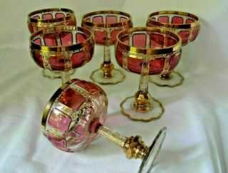 Six Moser Vintage Antique Bohemian Glass Goblets Cranberry Cabochon.