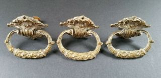 Set Of 3 C1900 Antique French Ornate Brass Handles,  Pulls Z37