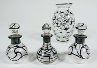 Antique Sterling Silver Overlay Art Nouveau Vase And Three Perfume Bottles