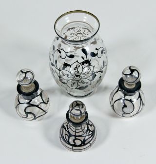 Antique Sterling Silver Overlay Art Nouveau Vase and Three Perfume Bottles 4