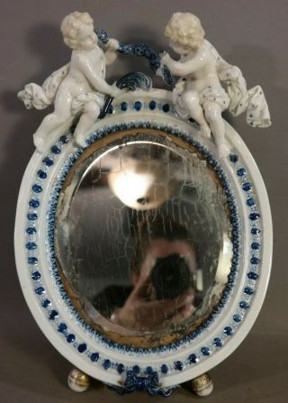 19thc Antique Victorian Era Porcelain Figural Putti Cherub Cobalt Boudoir Mirror