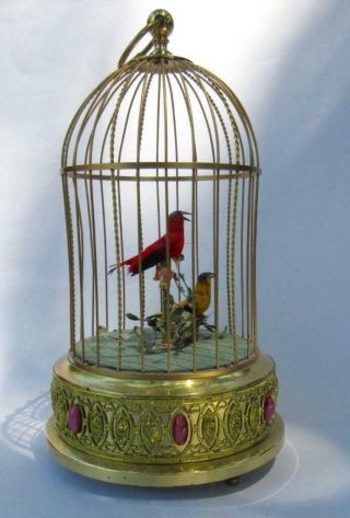 Vintage German Mechanical Automaton Animated 2 Singing Bird Cage Music Box