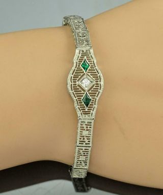 Rare Art Deco 14k White Gold Filigree,  Sparkling Diamond & Emerald Bracelet L@@k