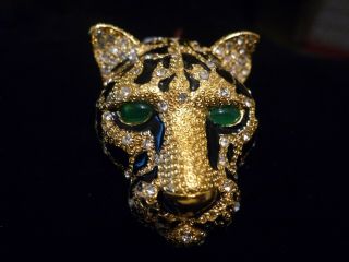 Rare Magnificent Ciner Black/gold Rhinestone Green Cabochon Eyes Leopard Brooch