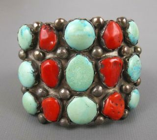 Big Heavy Old Pawn Zuni Sterling Turquoise Coral Nuggets Cuff Bracelet 130 Grams