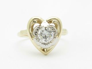 10k Yellow Gold White Zircon Heart Design Vintage Estate Hand Made Ring