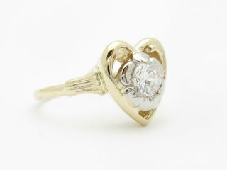 10k Yellow Gold White Zircon Heart Design Vintage Estate Hand Made Ring 2