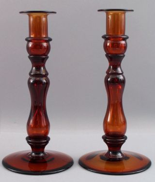 Pair Vintage Mid - 20thC Pairpoint Amber Glass,  Historic England,  Candlestick 2