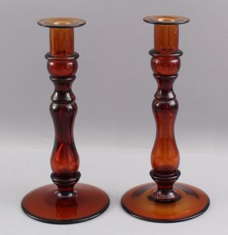 Pair Vintage Mid - 20thC Pairpoint Amber Glass,  Historic England,  Candlestick 5