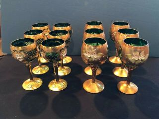 Vintage Bohemian Czech Wine Goblets - Set Of 12 - Green & Gold Gilded