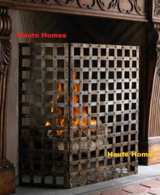 Horchow French 3 Panel Antique Woven Brass Nail Head Iron Fireplace Screen