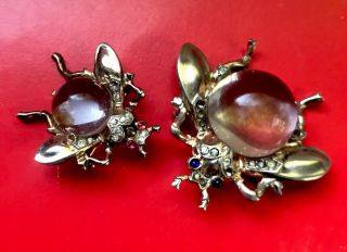 Vintage Trifari Sterling Silver Alfred Philippe Lucite Jelly Belly Bees Set 2