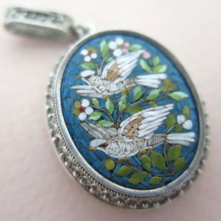 Antique Victorian Blue Micro Mosaic Micromosaic Dove Bird Silver Pendant