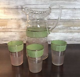 Victorian Lemonade Set Glass Cloisonne Ruffled Pitcher Cups Frosted Enamel Green