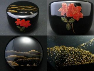 Japanese Wajima Lacquer Wooden Tea Caddy Azaleas Makie Hira - Natsume (614)