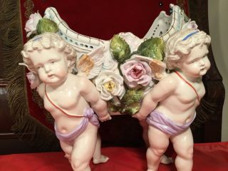 Antique 19th C Sitzendorf Dresden Porcelain Bowl W.  4 Cherubs 13 " X 11 " Heavy