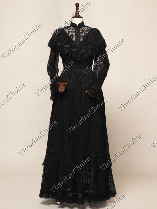 Victorian Edwardian Vintage Black Lace Gothic Dress Ball Gown Steampunk Punk 392
