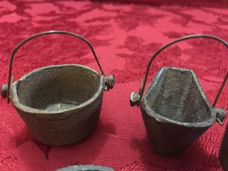 Cast Iron coal bucket scoop pot pan 5 pc Set Miniature Doll House Small Vintage 5