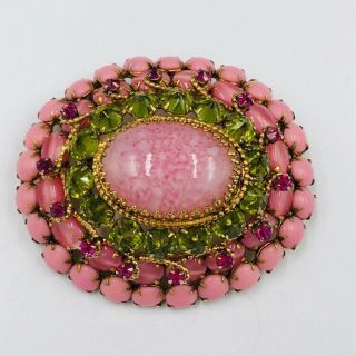 Vintage Unsigned Schreiner Shades Of Pink & Green Domed Brooch Stunning