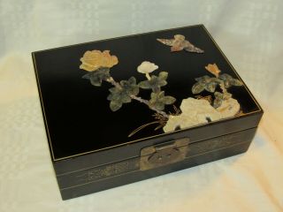 Vintage Chinese Black Lacquer Jewelry Box Applied Jade & Semi Precious Stones