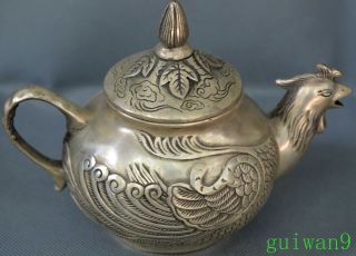 Ancient Delicate Collectable Miao Silver Carve Exorcism Beauty Phoenix Teapot