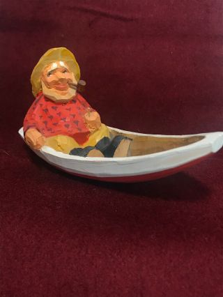 Vintage Hannah Hand Painted In Norway Wood Carving,  Old Fisherman With Pipe