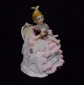 Dresden Lace Figurine Frankenthal Seated Lady With Fan Vintage Germany