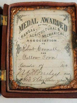 KANSAS AGRICULTURAL & MECHANICAL Award Medal 1874 Corn Rare Silver antique Case 9