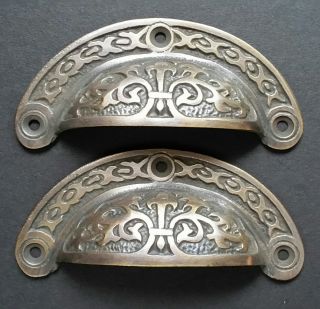 2 Antique Vtg.  Style Victorian Brass Apothecary Bin Pulls Handles 3 - 7/16 " W.  A5