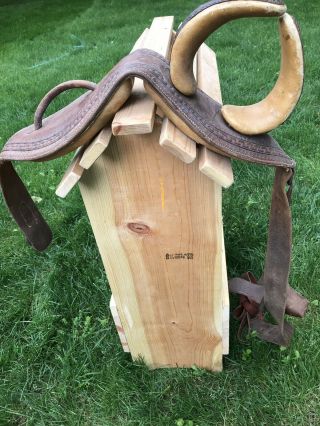 Side saddle parts rigged on antique padded surcingle with slipper shoe stirrup 10